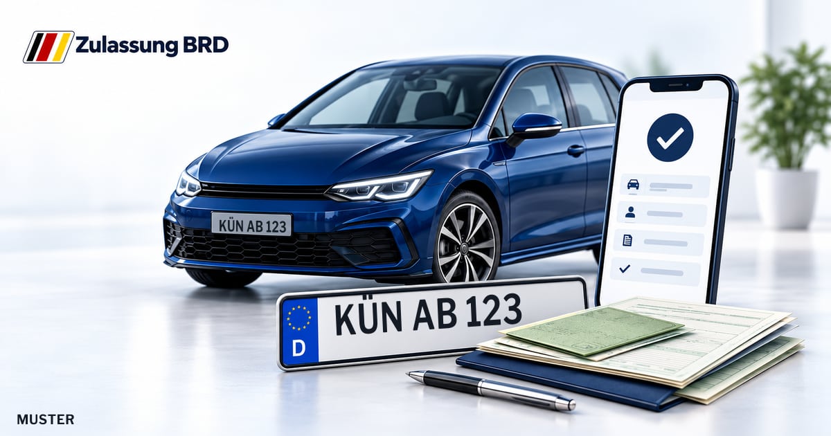 Online Fahrzeugzulassung in Hohenlohekreis: Musterkennzeichen KÜN AB 123, Auto und Fahrzeugpapiere und Smartphone. Illustration mit Logo von Zulassung BRD.